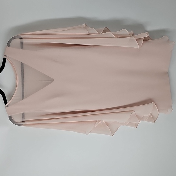 Halston Heritage Nude Pink Sheath w Sheer Chiffon Ruffle Dolman Sleeve Overlay - Picture 1 of 8